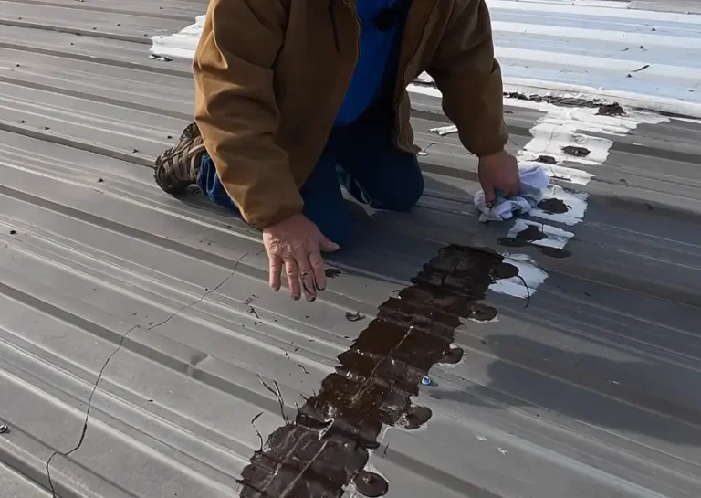 A roofer applies dark sealant along a metal roof seam, with white patch repairs already completed nearby