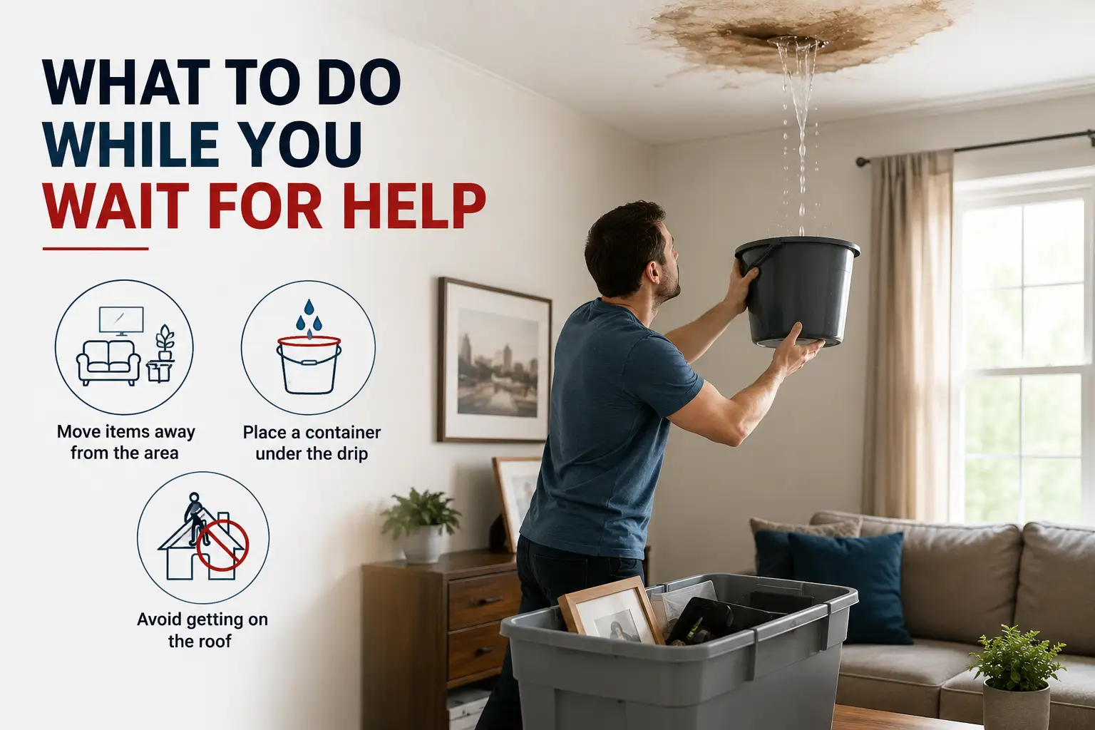 Person catching water from a leaking ceiling with a bucket.